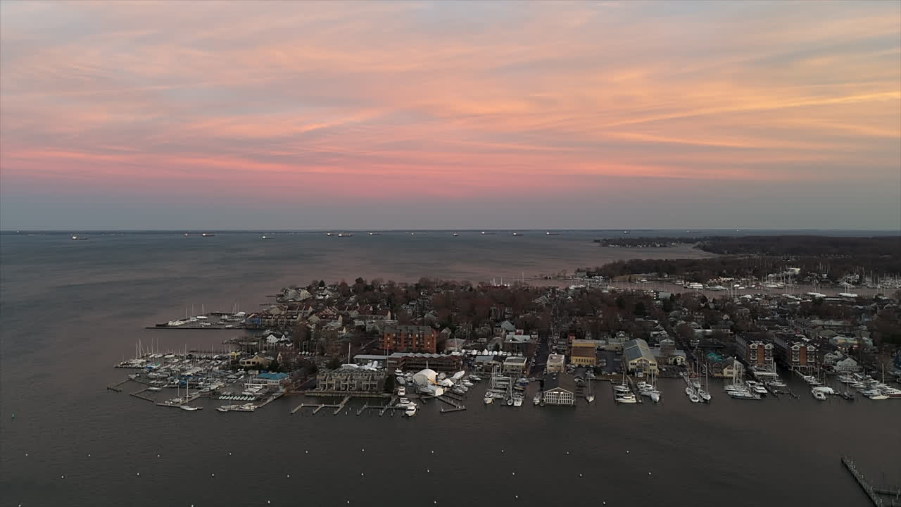 Dramatic Sunset Scenery At The Waterfront Downtown Of Annapolis In Maryland, USA. Aerial Drone Shot
