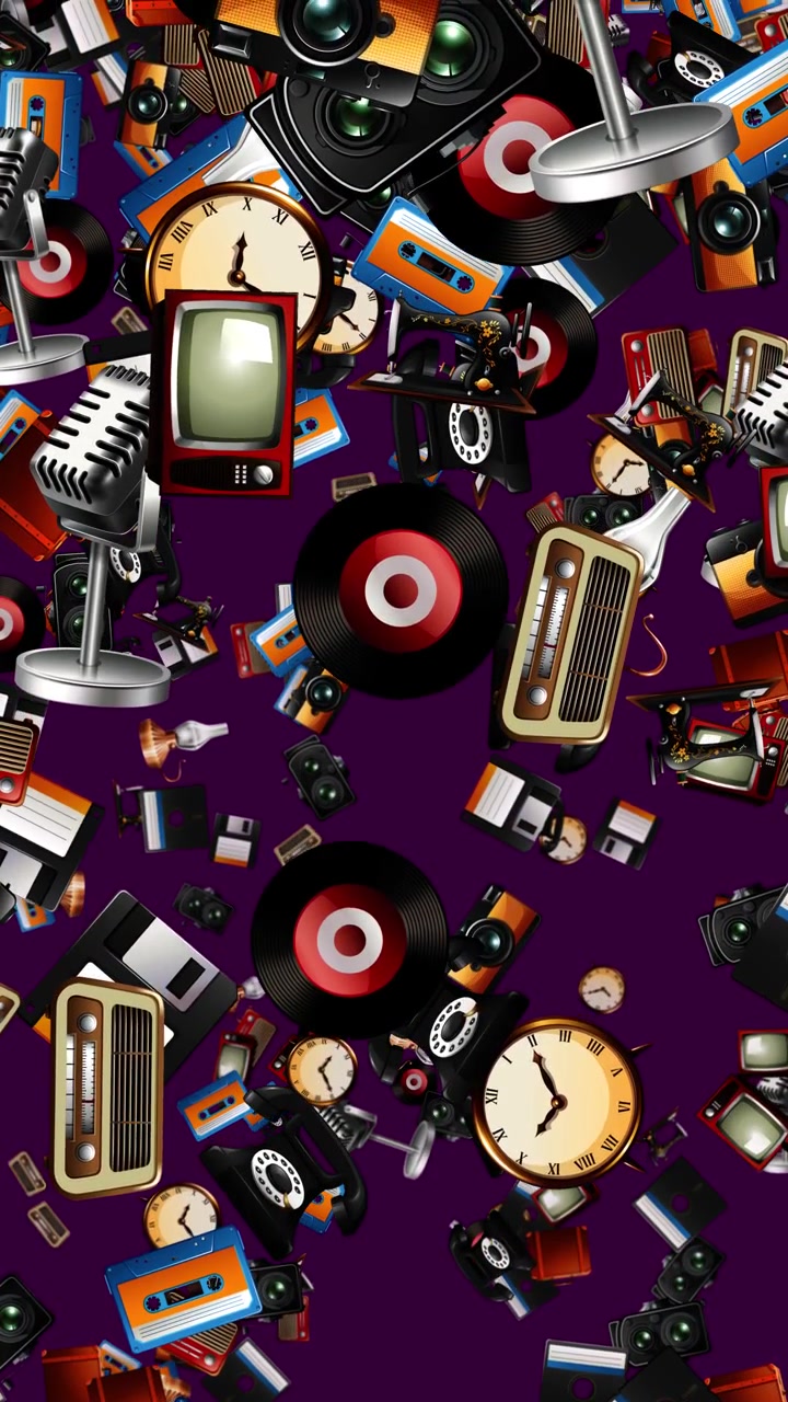 Colorful vintage electronics and retro objects fall vertically against a dark purple background