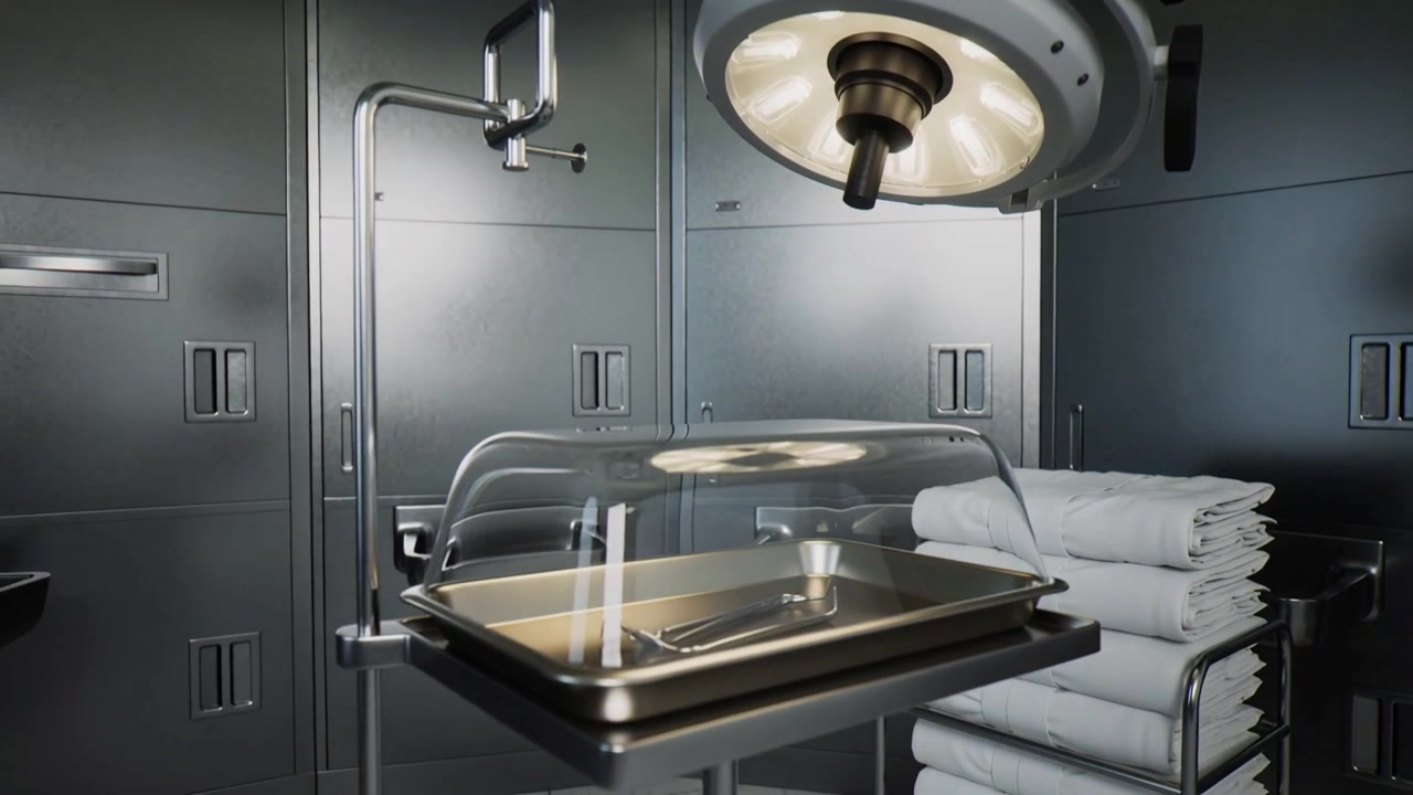 Lighting surgical lamp casting light onto cart beneath dome in prep room preparing scalpel, linens