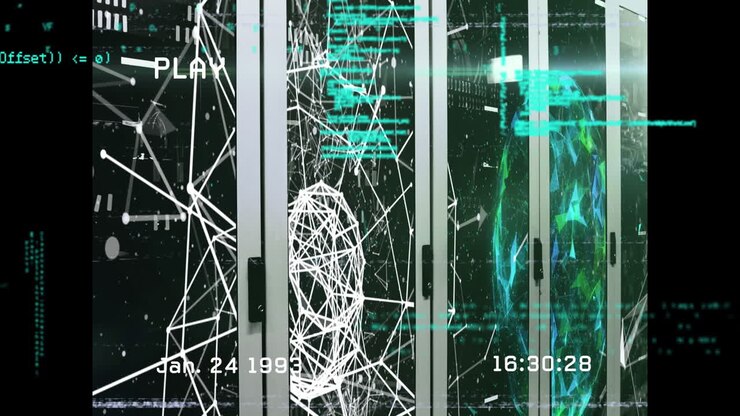 Animation of data processing and interference over server room