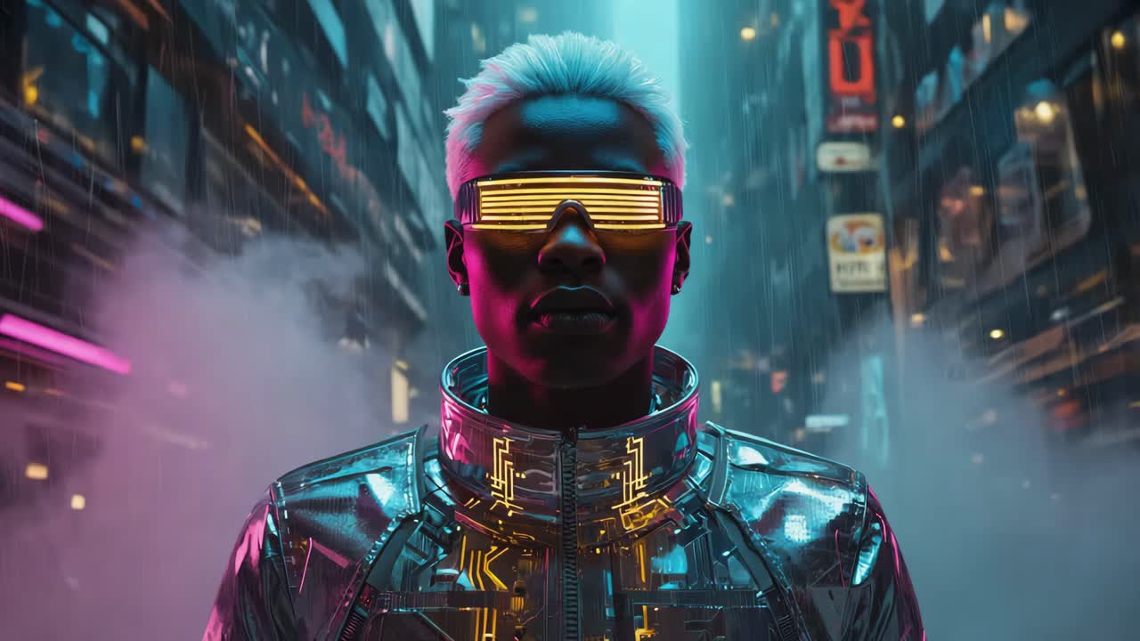 Cyberpunk Figure in Neon Cityscape
