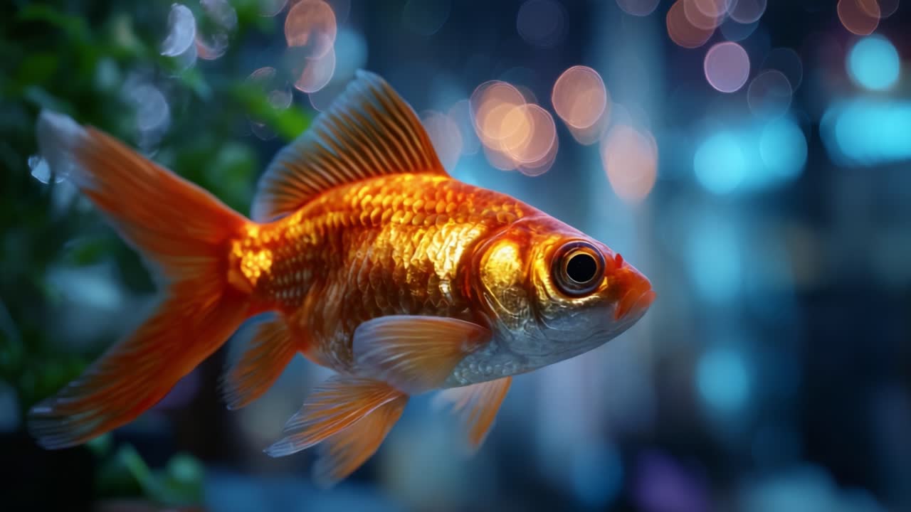 En livlig guldfisk, der svømmer elegant i et farverigt akvarium med en fantastisk bokeh-baggrundsbelysning, der fremhæver skønheden af dens gyldne skæl og finner