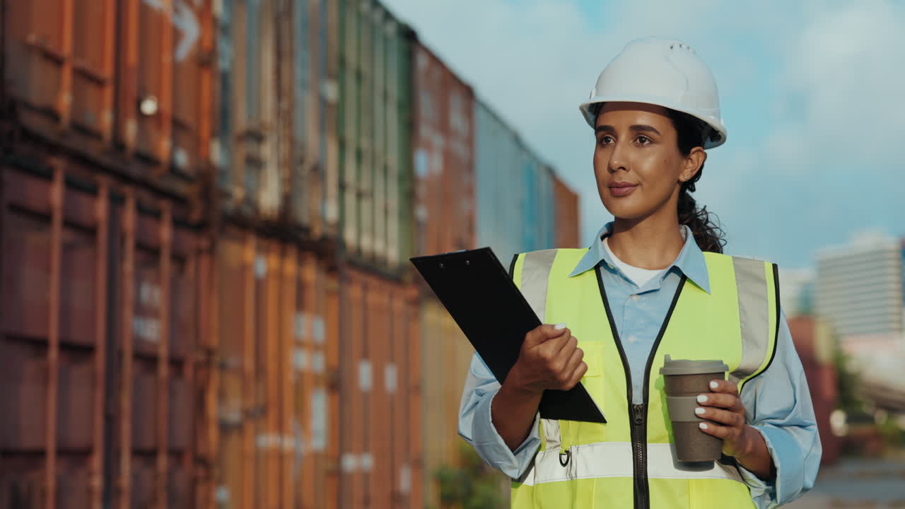 Female Engineer Inspecting Cargo Containers