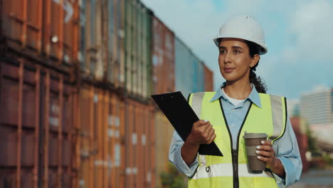 female engineer inspecting cargo containers