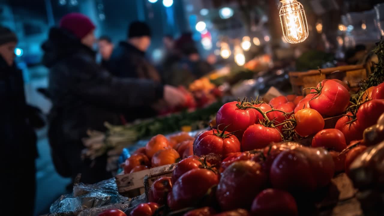 Vibrant Night Market Scene Featuring Fresh Produce with Glowing Light Overhead, Showcasing the Rich Colors of Tomatoes and Other Vegetables in an Inviting Atmosphere