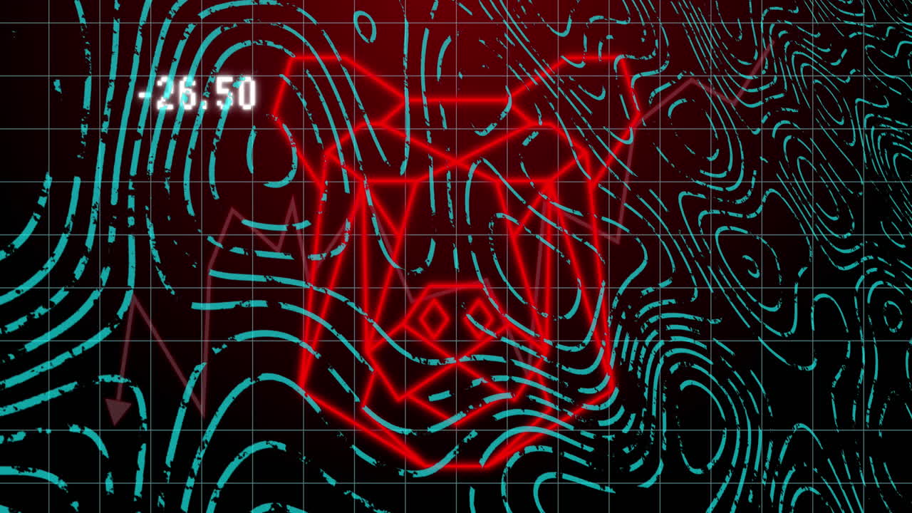 Animation of data processing and topography over dog face icon against red background