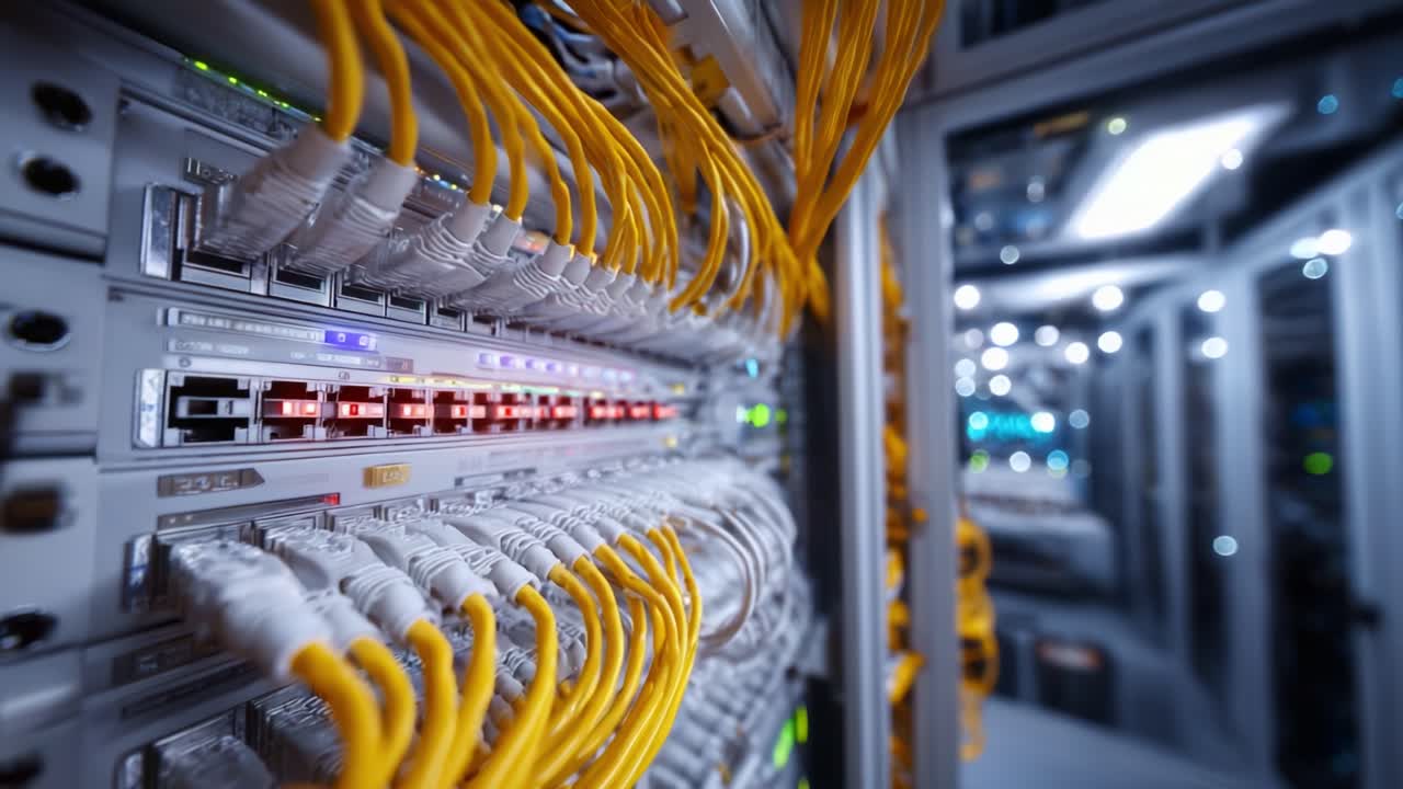 Detailed view of a modern data center rack showcasing organized cable management with vibrant yellow networking cables and illuminated ports for optimal connectivity