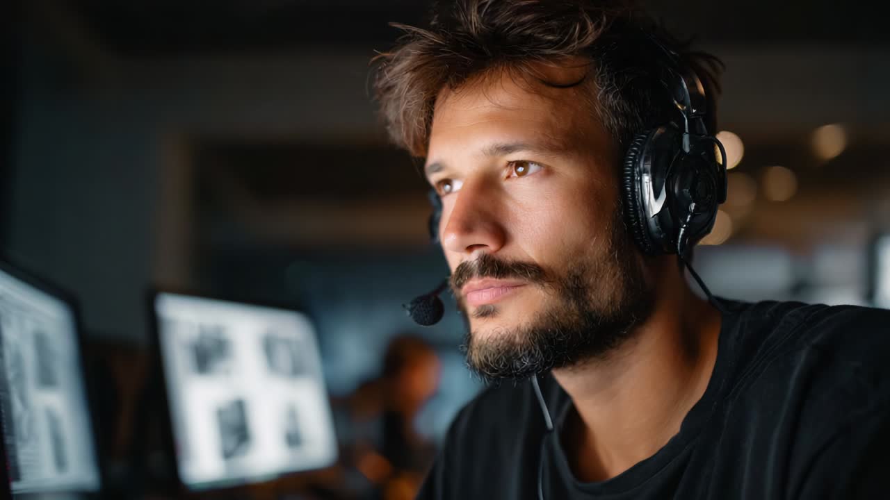 Focused Male Operator with Headset Engaged in Work at Computer Station, Demonstrating Concentration and Professionalism in a Modern Digital Environment