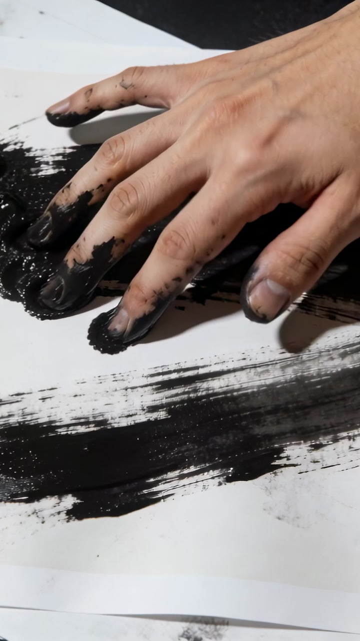 Vertical video: Smearing right fingers in black ink dragging and stamping on paper at desk for art