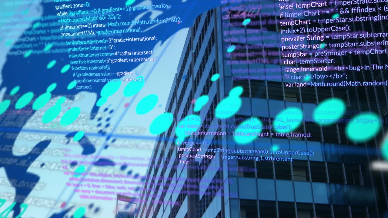 세계 지도와 도시 풍경에 대한 디지털 데이터 처리의 애니메이션