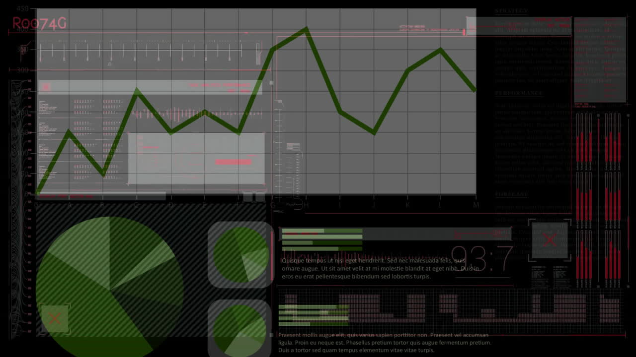 animación del procesamiento de datos y diagramas sobre fondo negro