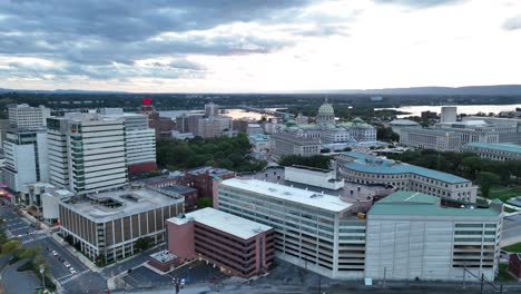 harrisburg, pennsylvania capitol building and surrounding skyline during sunset