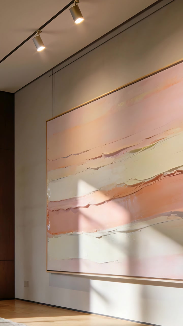 Video verticale: Raggio di sole che si sposta attraversando un'opera d'arte in galleria, proiettando un'ombra triangolare vicino a faretti a binario.
