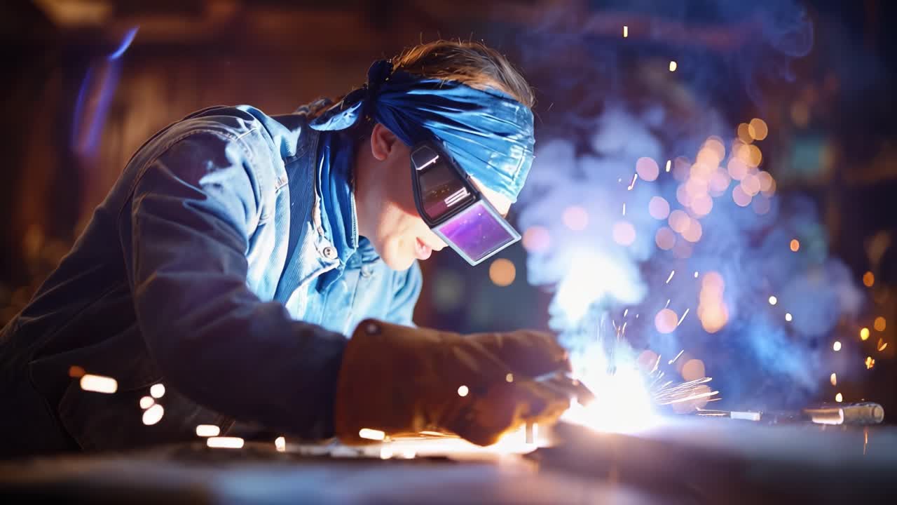 Welding Sparks Fly as a Focused Craftsman Works on a Metal Project in a Warm, Illumined Workshop Creating a Piece of Art with Precision and Expertise