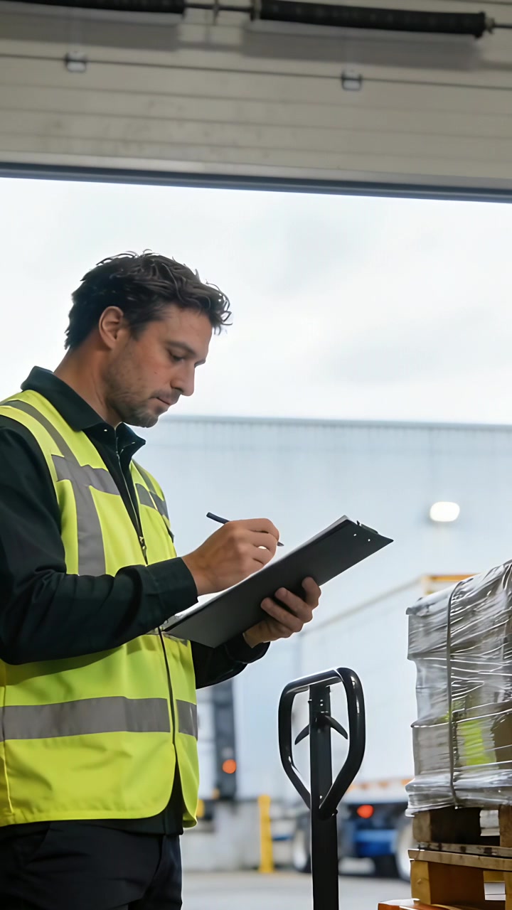 Video verticale: Avvicinamento a un pallet, uomo con giubbotto ad alta visibilità che scrive su un blocco appunti al molo, registrando i conteggi.