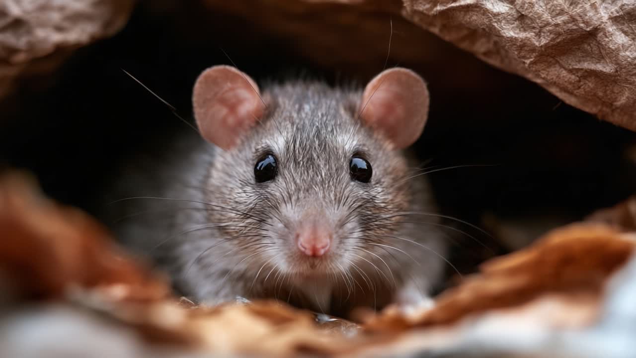 A Close-Up View of a Curious Mouse Nestled Among Leaves, Capturing Its Distinctive Features and Expression in Two Frames Showing Its Intriguing Behavior