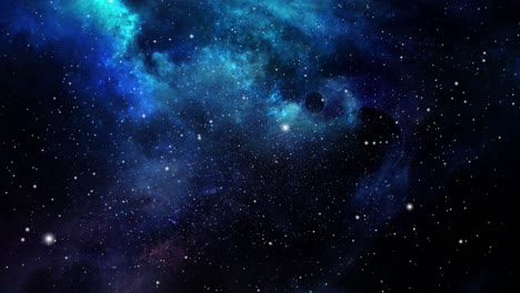 las nubes nebulosas azules y los planetas diminutos se acercan cada vez más en el universo oscuro