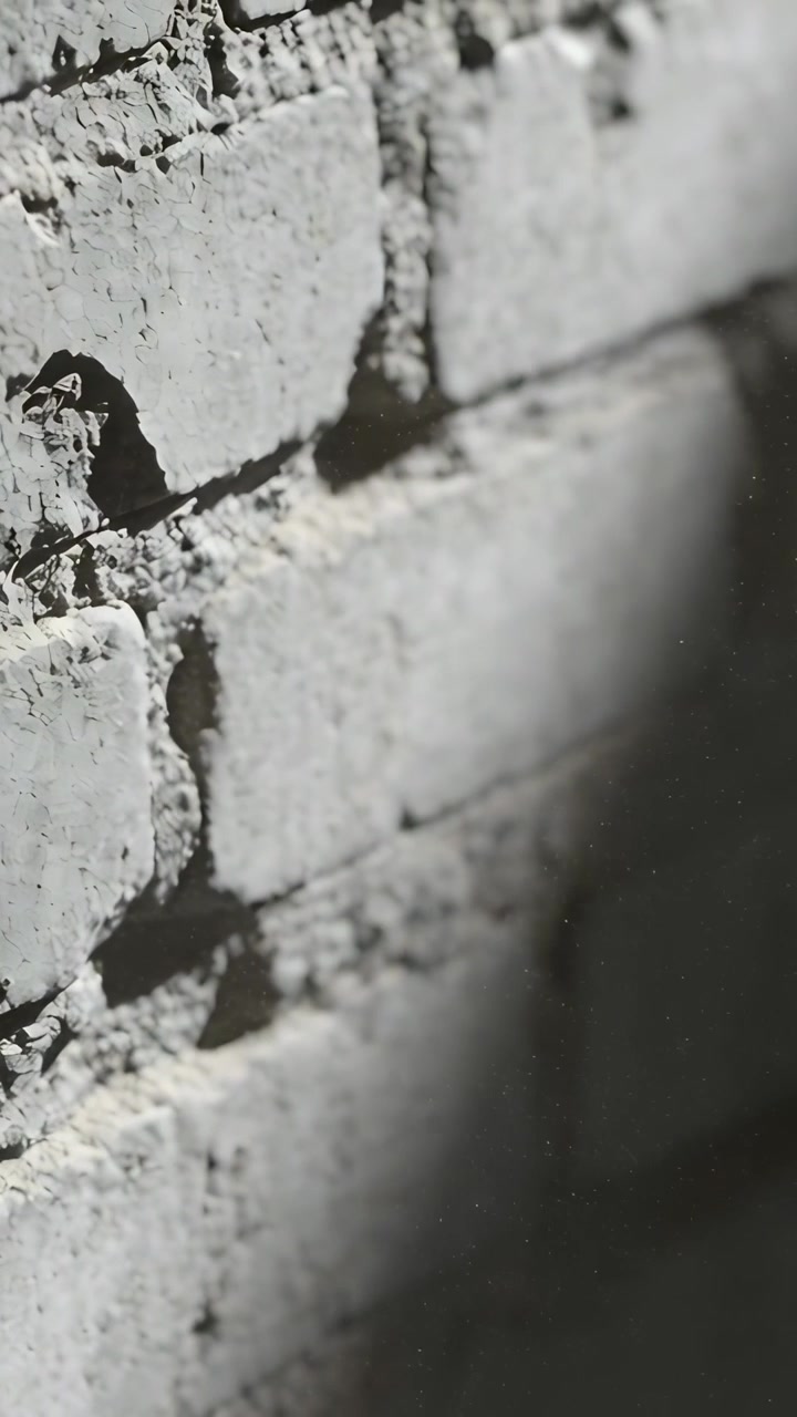 Vertical video: Pulling focus, camera sliding along brick wall in hall, showing texture and mortar