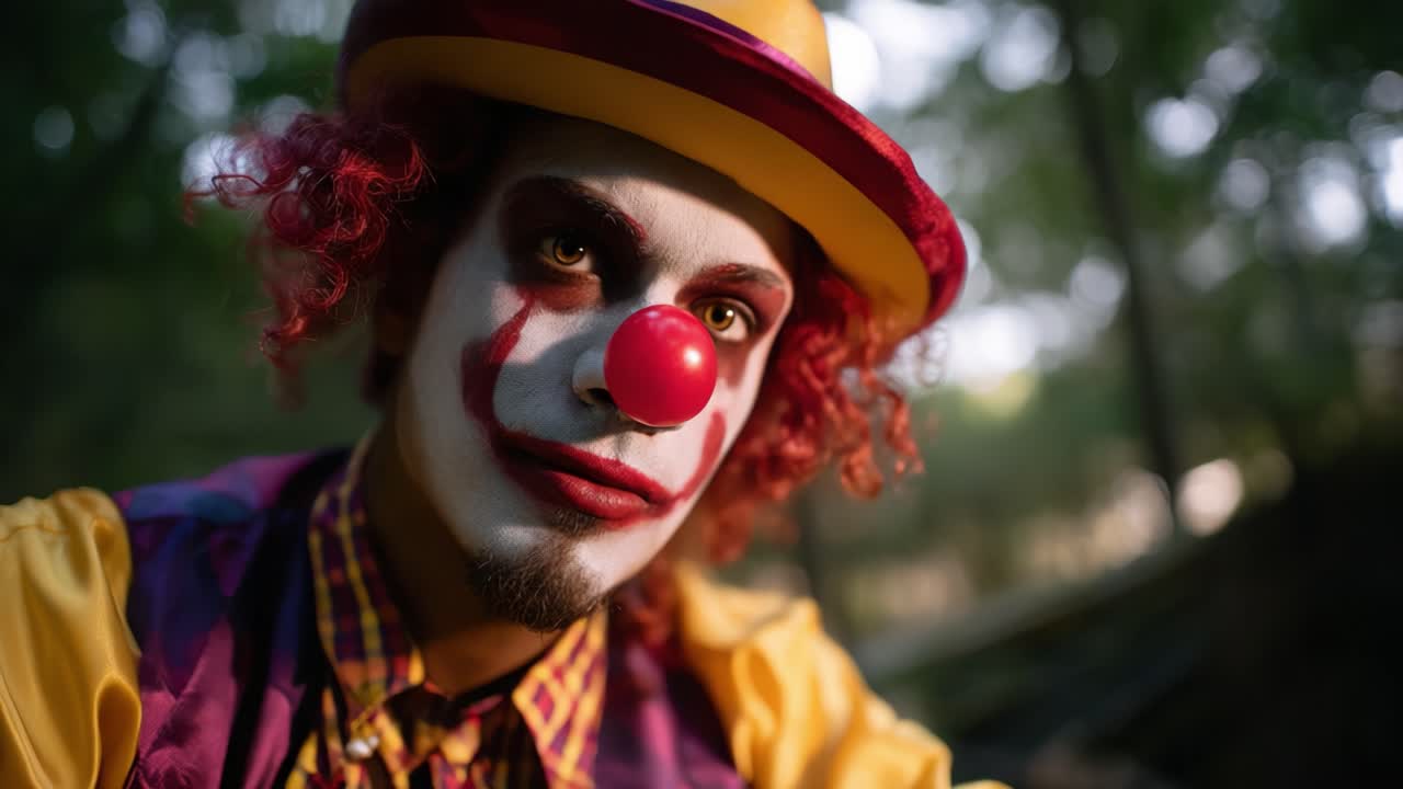 Fascinerende nærbillede af en klovn med farverig makeup og strålende accessories, der indfanger et øjeblik i naturen og fremkalder mystik og charme i skovmiljøet