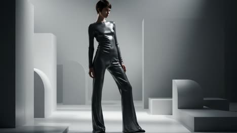 a stylish modern fashion scene featuring a model in a sleek metallic outfit in an artful, minimalist setting, capturing elegance and contemporary design