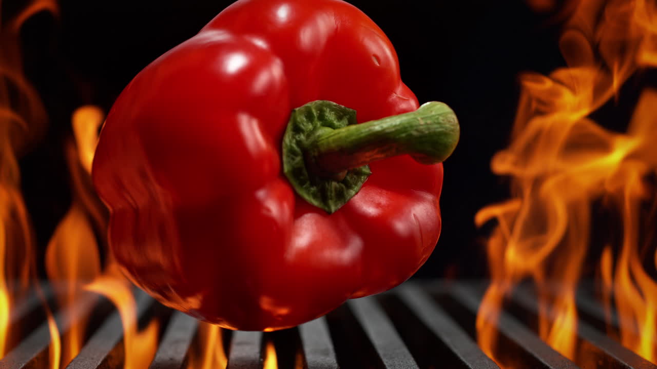Bell Pepper Falls Onto Charcoal Grill on the Black Background, Flames Burst From Beneath The Grill Grate in Slow Motion