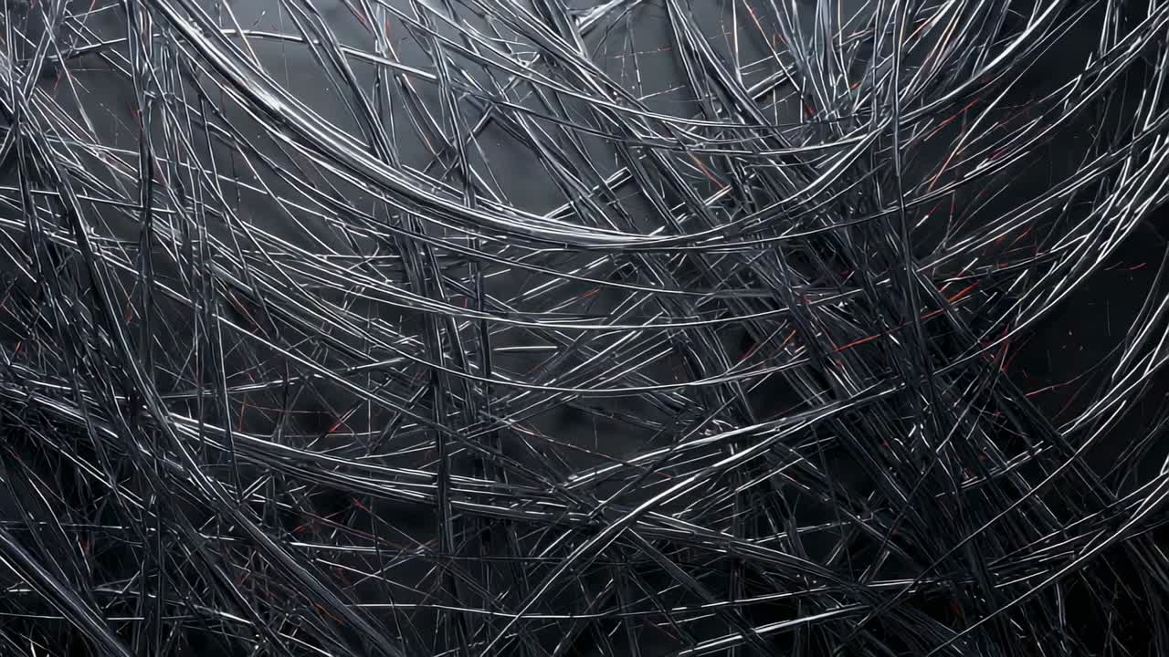 Displaying dense tangle of slender metallic wires filling abstract dark backdrop, complex mesh