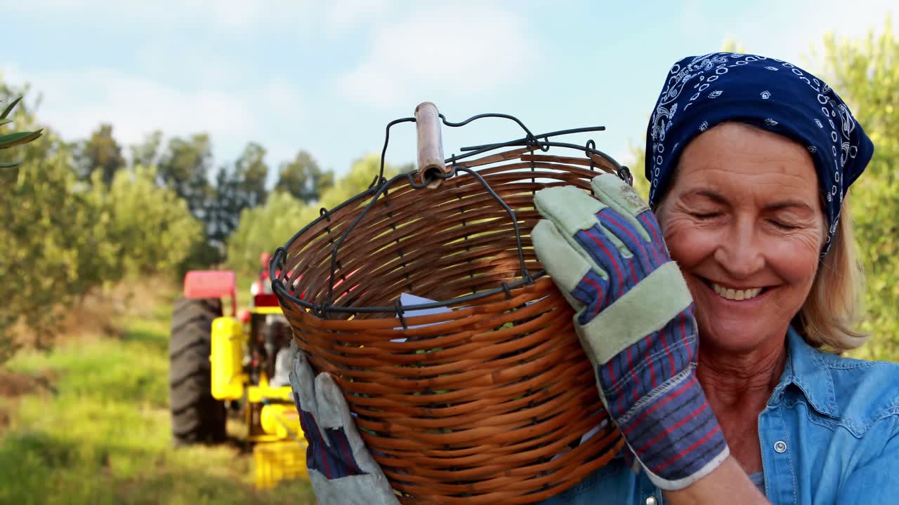 mujer feliz sosteniendo aceitunas en la cesta 4k