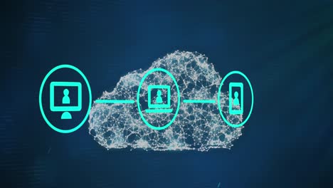 Animation-of-flowchart-of-icons-over-dots-forming-cloud-against-blue-background