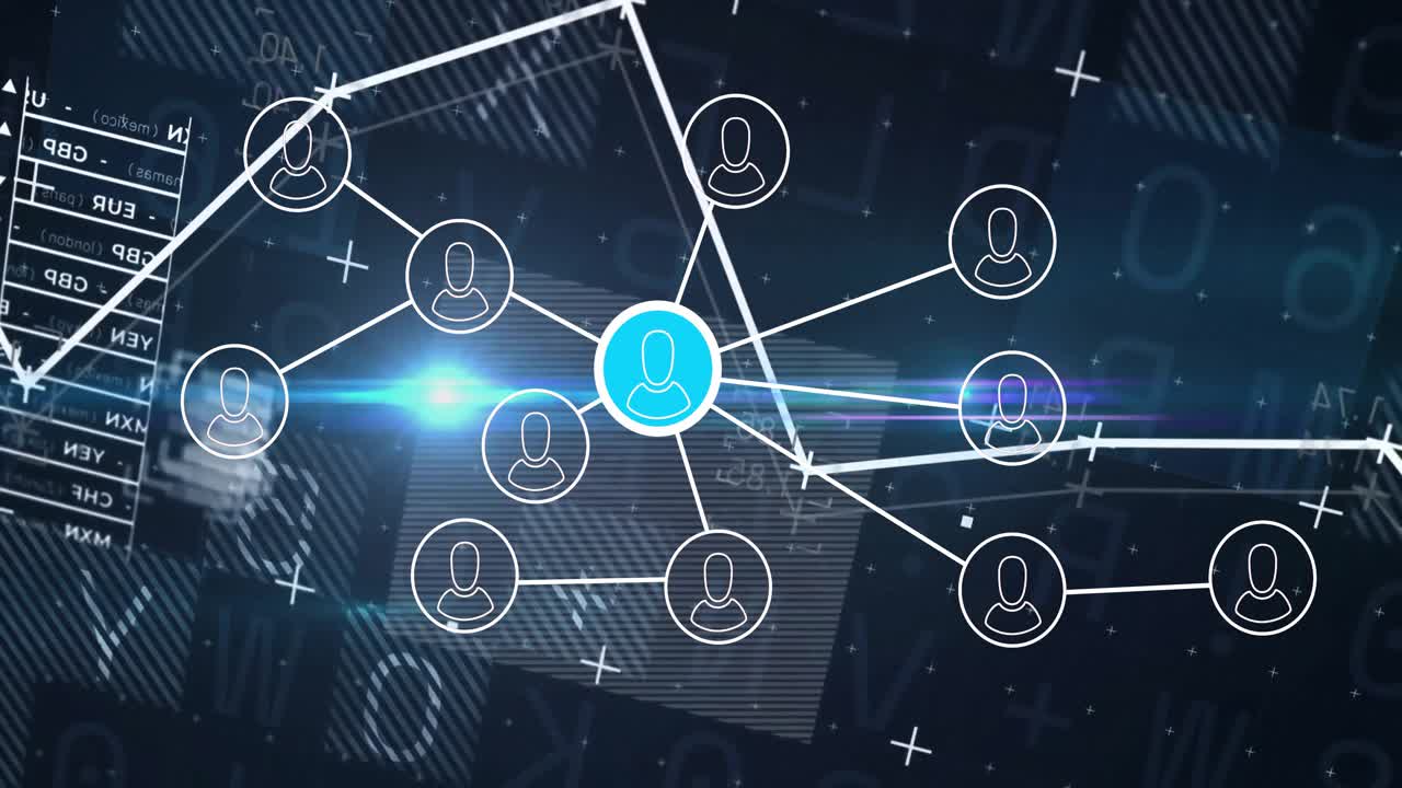 Central blue node pulsing, connecting white user icons, showing digital data network in animation