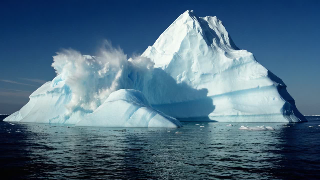 Majestätisches Kalben eines Eisbergs: Eine atemberaubende Darstellung der Kraft und Schönheit der Natur, wie Eis abbricht und in ruhiges Wasser fällt, den unendlichen blauen Himmel darüber fesselnd.