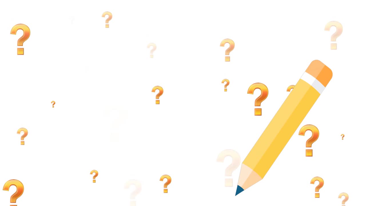 색 배경 위에 연필 아이콘과 질문표의 애니메이션