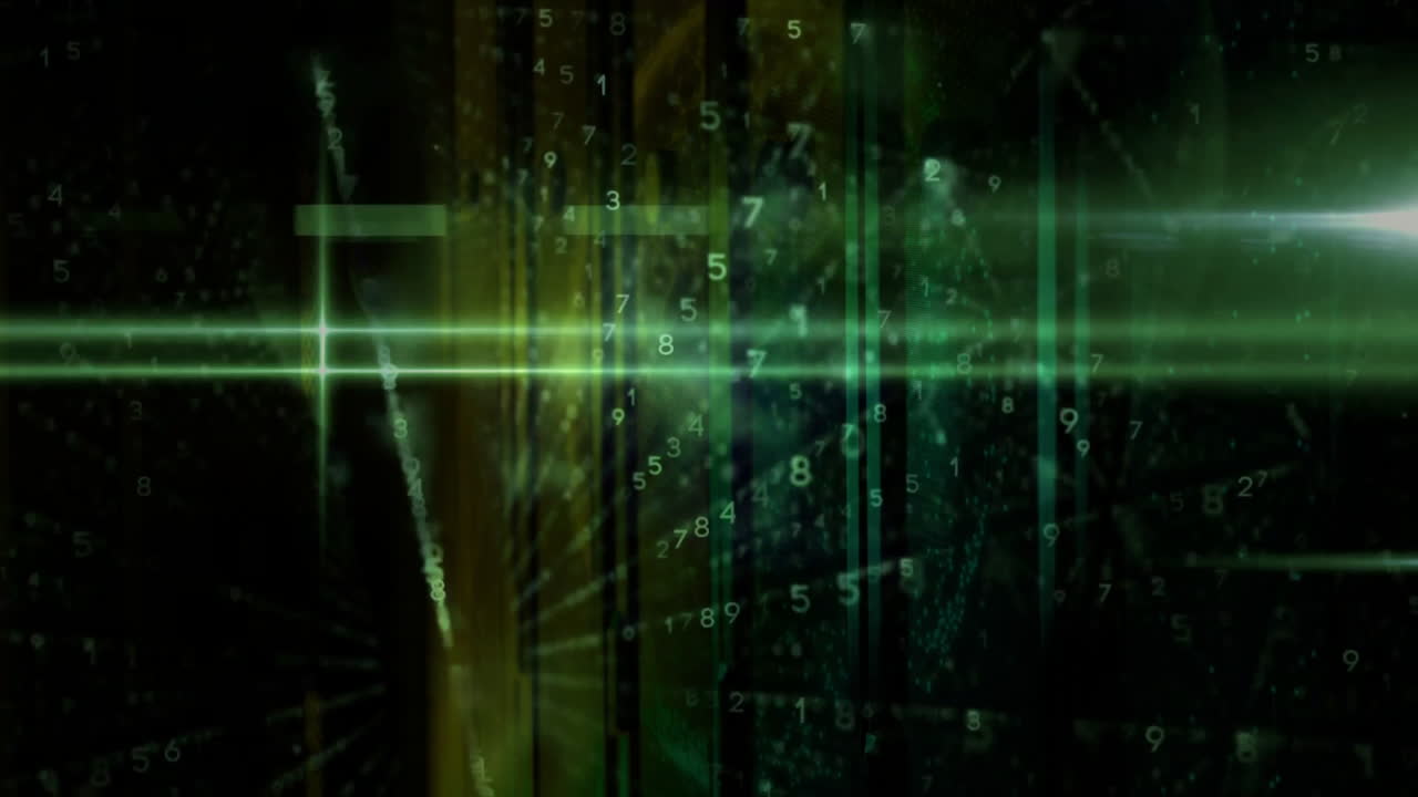 Animation of green digital data and numbers flowing over technological background