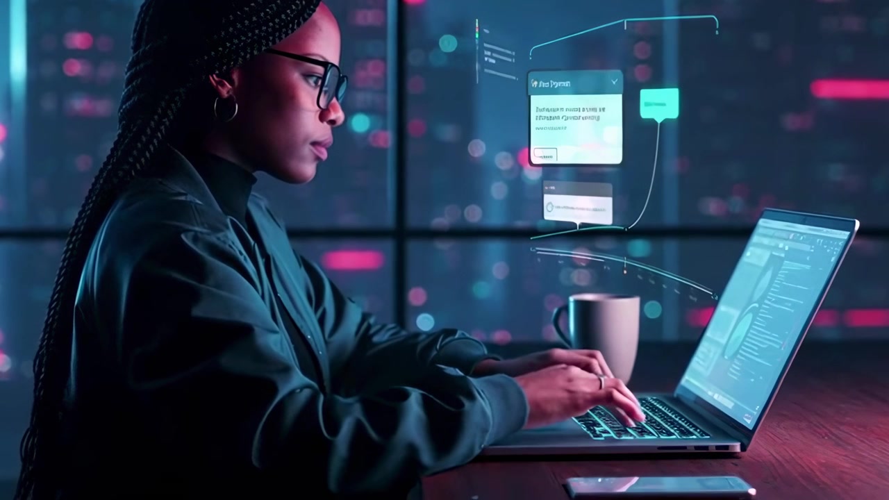 Young Black Woman Typing on Laptop with Holographic Interface