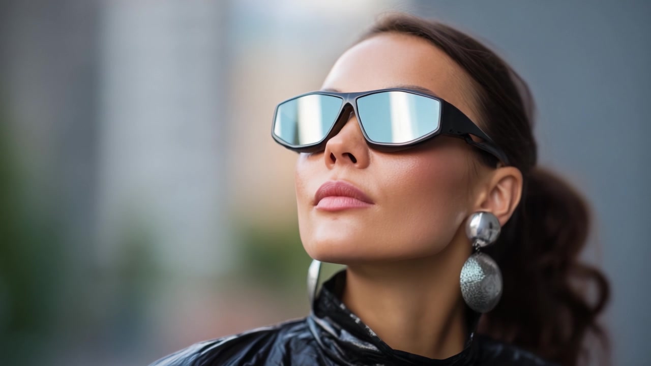 Donna alla moda con occhiali da sole a specchio e orecchini vistosi mostra stile moderno e sicurezza su uno sfondo urbano in questo ritratto accattivante.