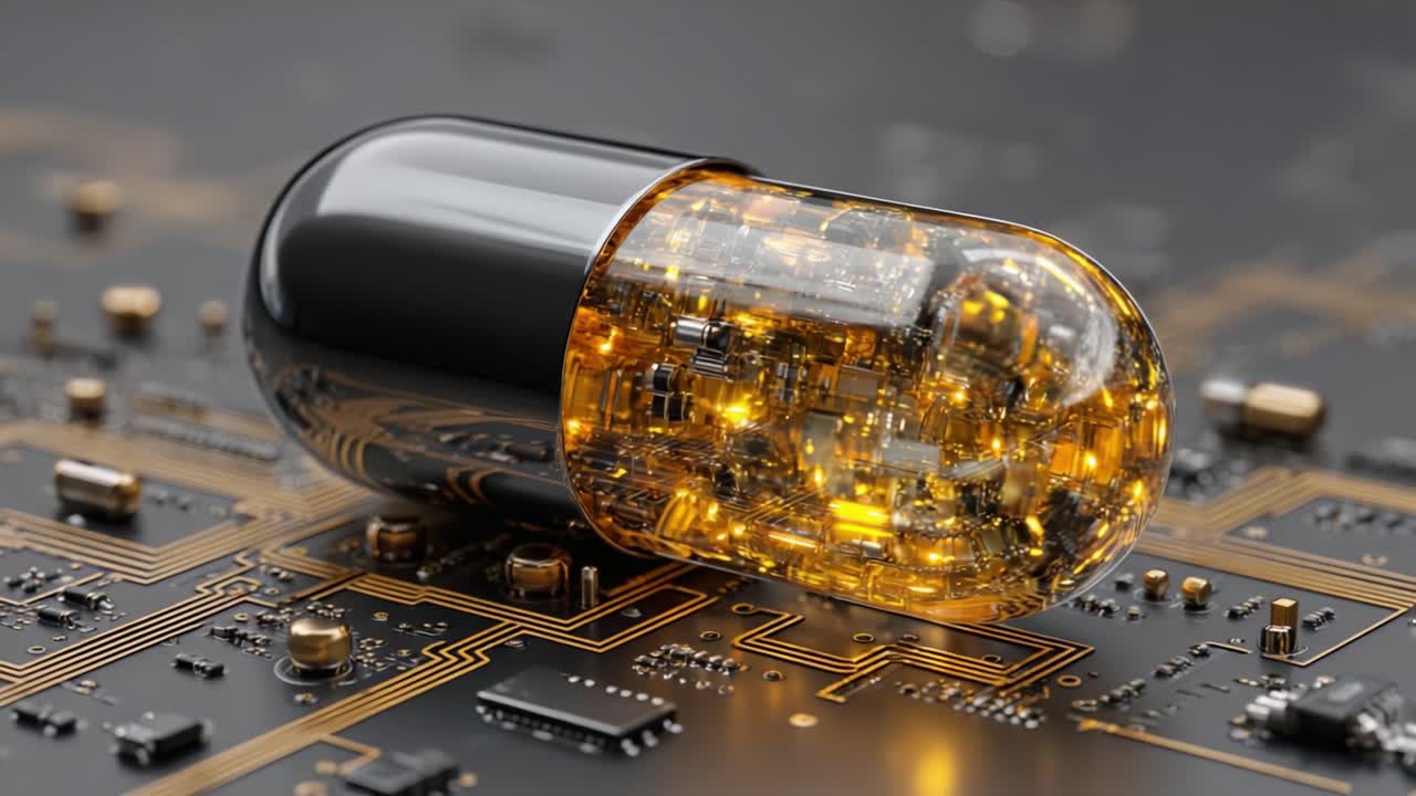 Futuristisk digital kapsel: Et indblik i en højteknologisk verden, hvor avanceret teknologi møder farmaceutisk innovation, der forener medicin med moderne kredsløb.