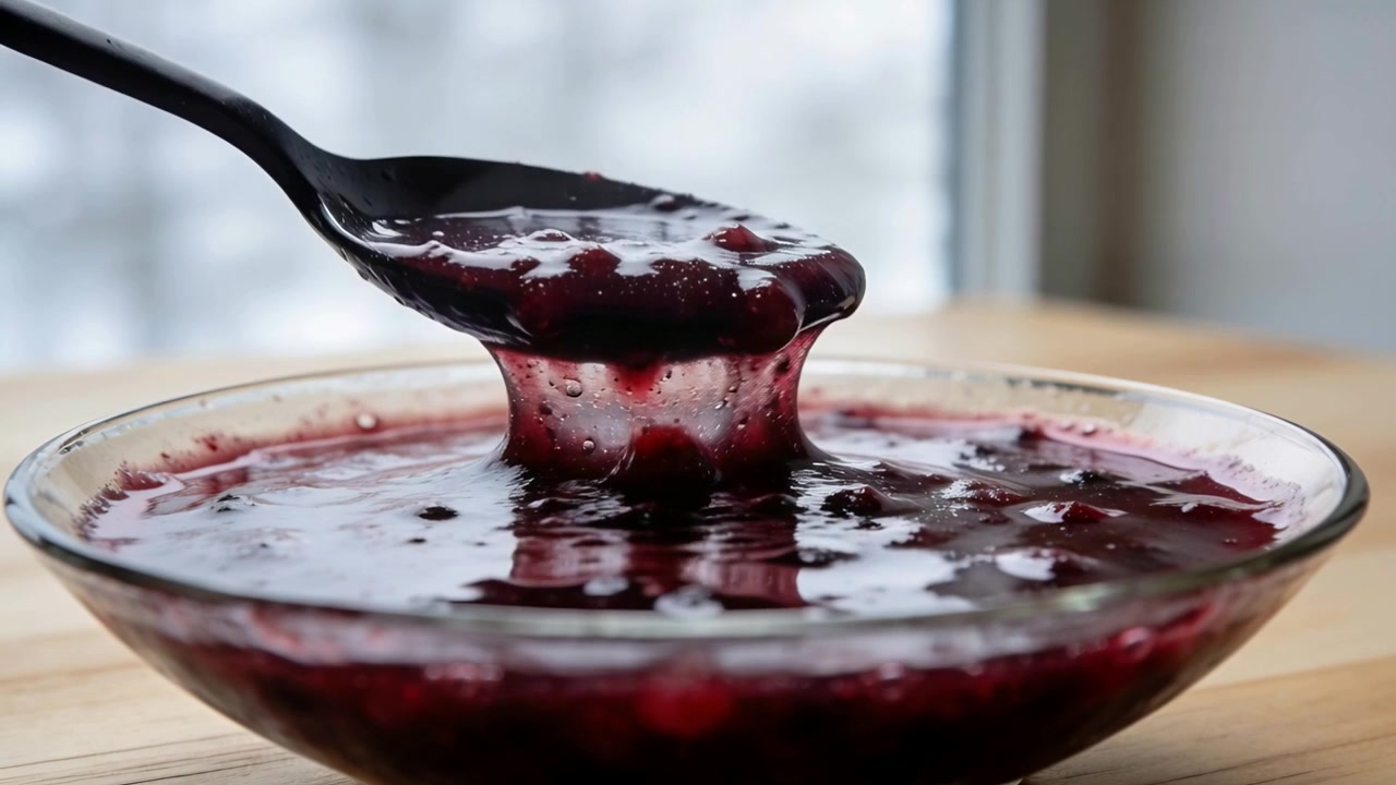 Lifting hand holding black spoon, stirring glass bowl by window on counter, showing syrupy compote