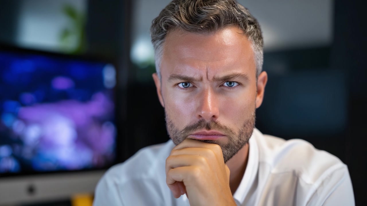Focused Businessman with Intense Expression Reflects on Challenges at Work, Captured in a Professional Office Environment with Technology in Background.