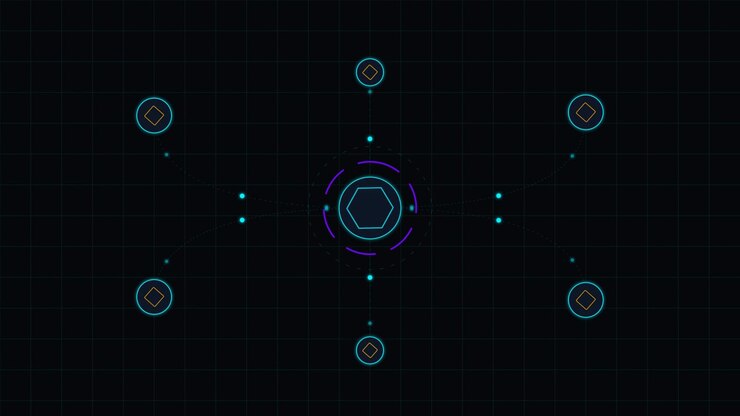 Abstract Digital Network Interface with Rotating Hexagon and Nodes