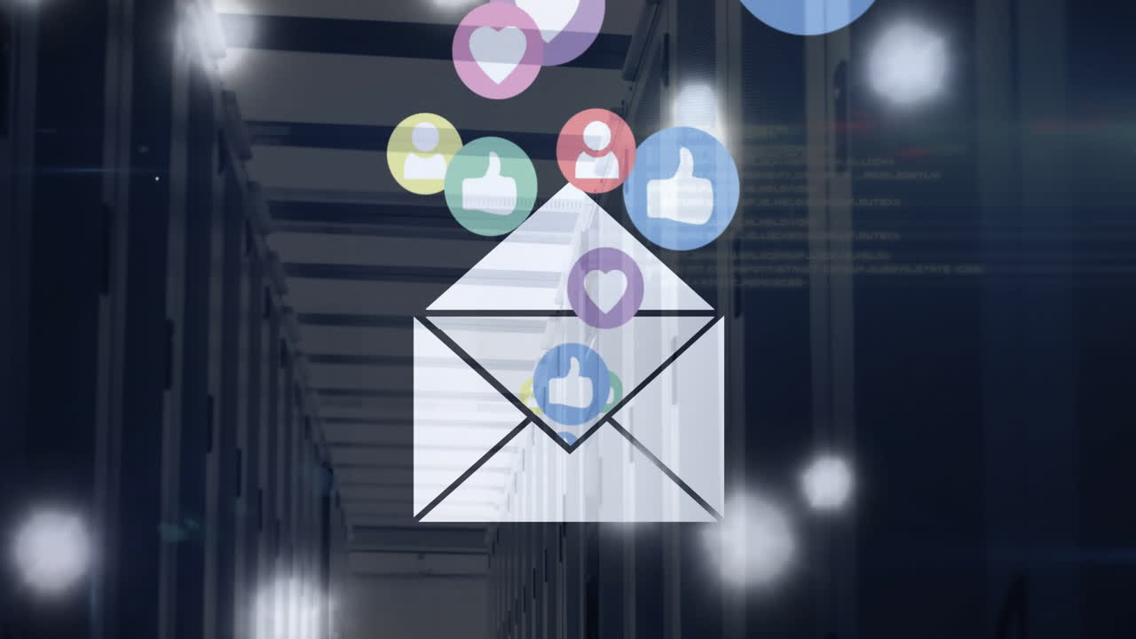 animación del sobre con iconos de redes sociales y senderos de luz sobre la sala del servidor