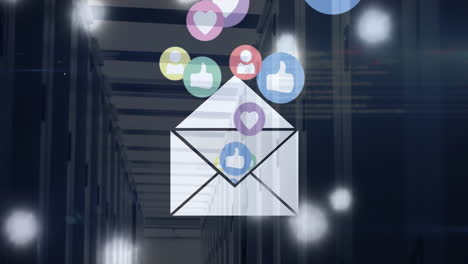Animation of envelope with social media icons and light trails over server room