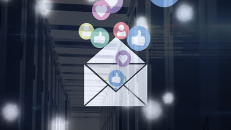 animation of envelope with social media icons and light trails over server room