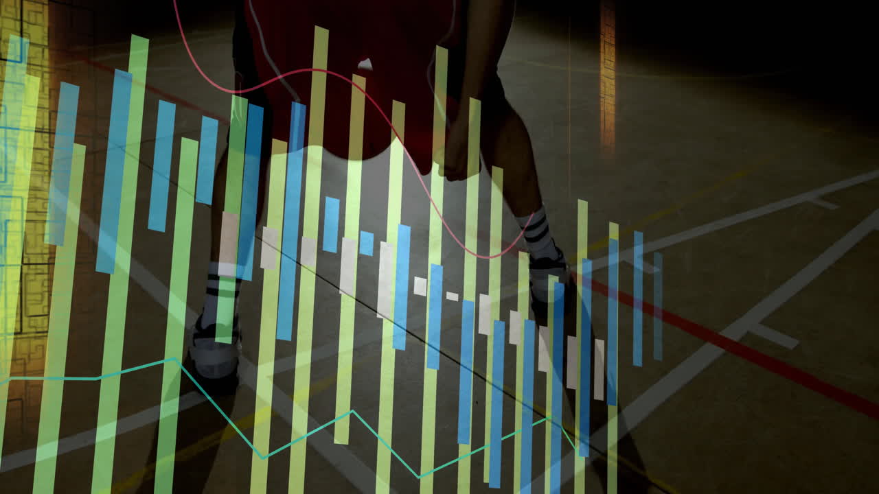 Dribbling basketball, player interacting with animated financial data and graphs
