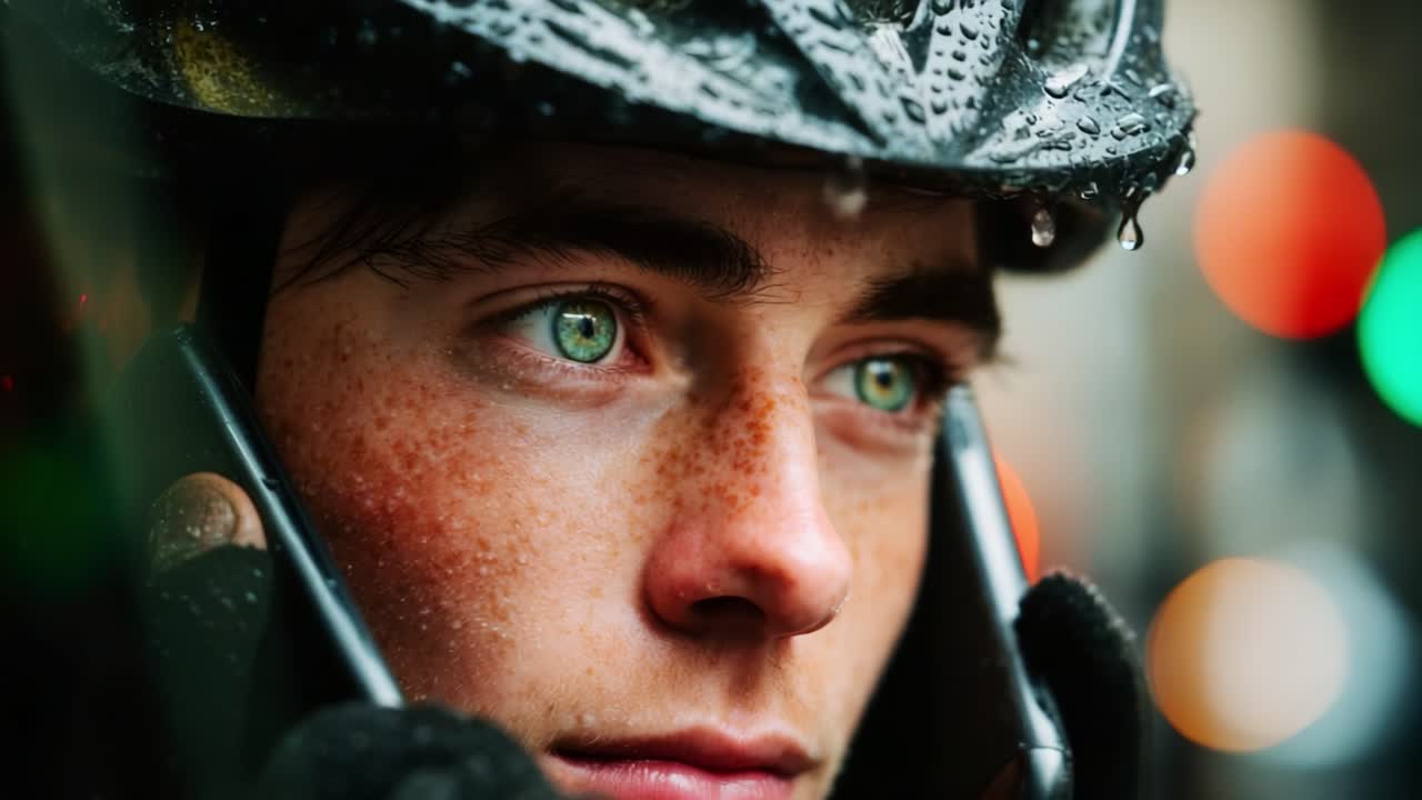 A Young Cyclist Wearing a Rain-Soaked Helmet Stares Intently While Holding a Phone, Capturing the Essence of Determination and Grit Amidst a Gloomy Urban Setting