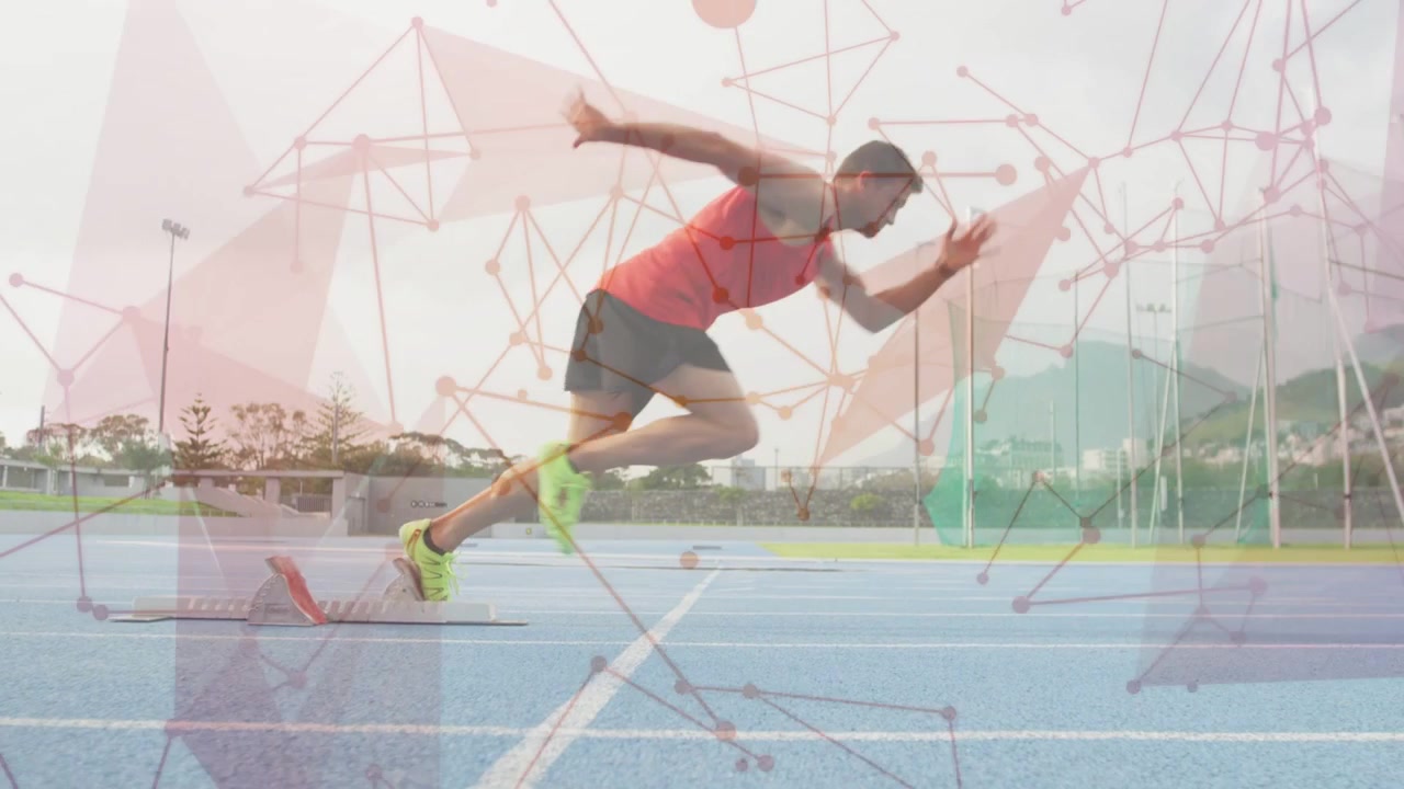 Atleta sprinter che si stacca dal blocco di partenza, lanciandosi nello sprint per la partenza sulla linea, con tracciamento di rete sovrapposto