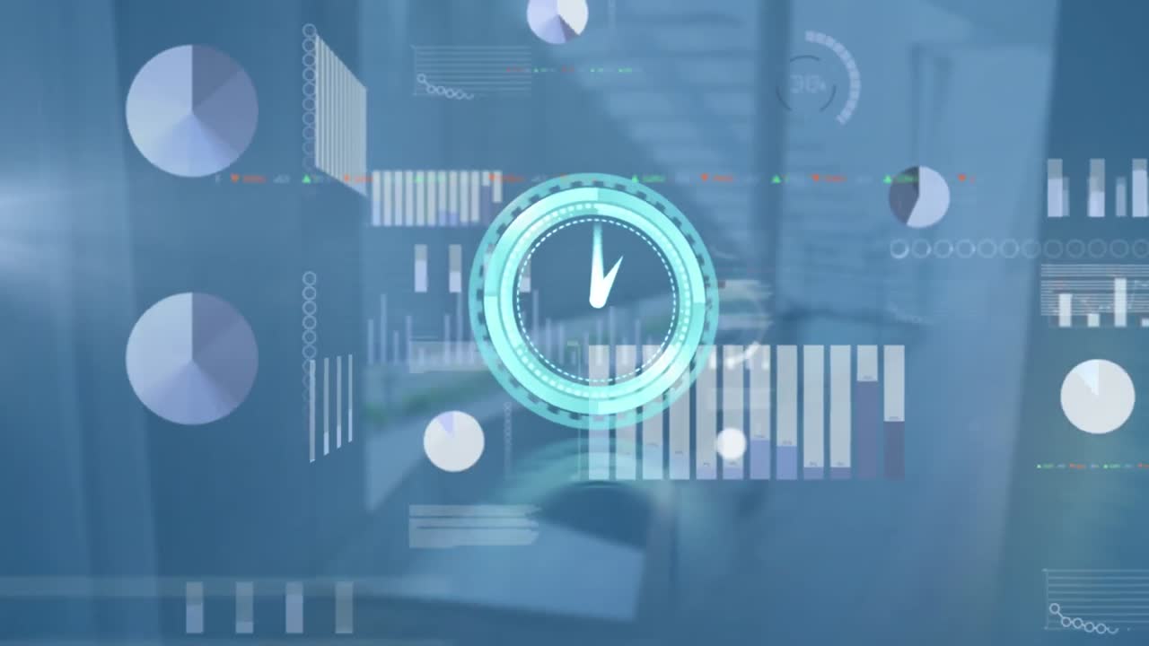 Animation of moving clock and diverse data processing over office in background