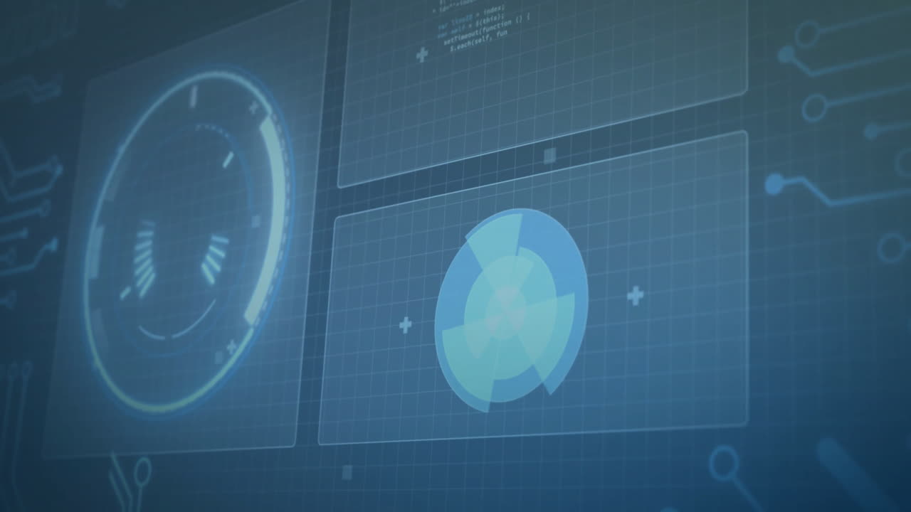 Futuristic HUD interface animating over blue grid, with clear panels, radial chart, circuit lines
