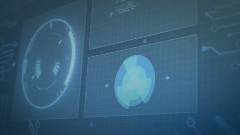 futuristic hud interface animating over blue grid, with clear panels, radial chart, circuit lines
