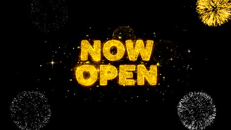 now open text reveal on glitter golden particles firework.