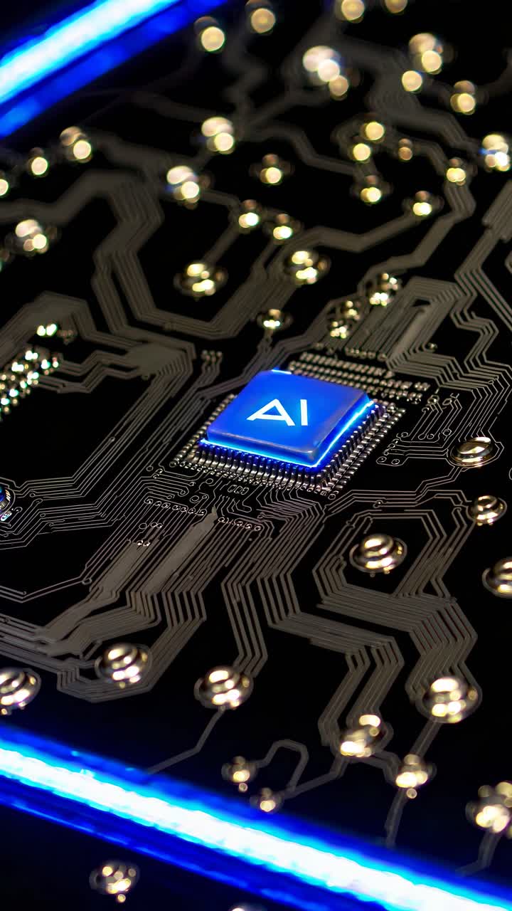 Close-up, top-down view of a glowing AI microchip on a circuit board, highlighting futuristic