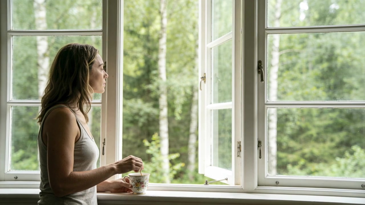 Mujer removiendo, con una camiseta sin mangas ligera y una ventana abierta que atrae la mirada, sosteniendo una taza floral y una cuchara.